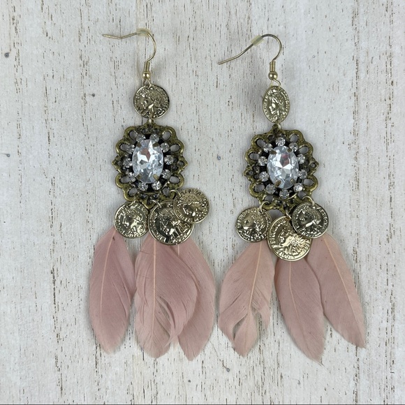 Unbranded Jewelry - NWOT Antique Style Rhinestone Pink Feather Earrings Gold Brass Roman Coins Style
